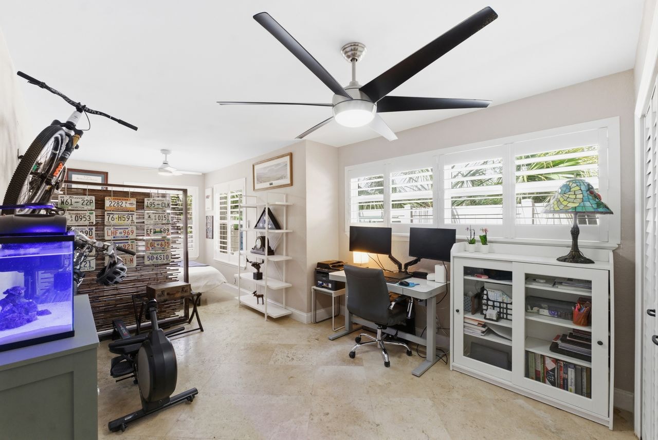 Flexible home office and fitness space with natural light and plantation shutters
